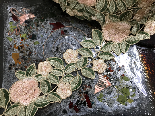 Shades of Green and Light Peach on Tan Lattice Background Lace.