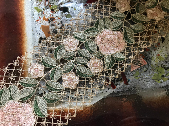 Shades of Green and Light Peach on Tan Lattice Background Lace.