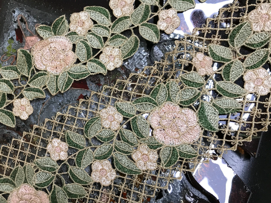 Shades of Green and Light Peach on Tan Lattice Background Lace.