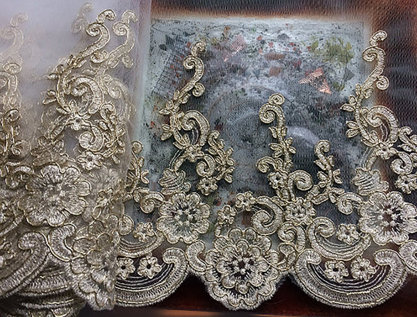 Alencon Lace - Gold Silky and Shiny Threads Embroidery on White Soft Tulle   - 12" Wide.