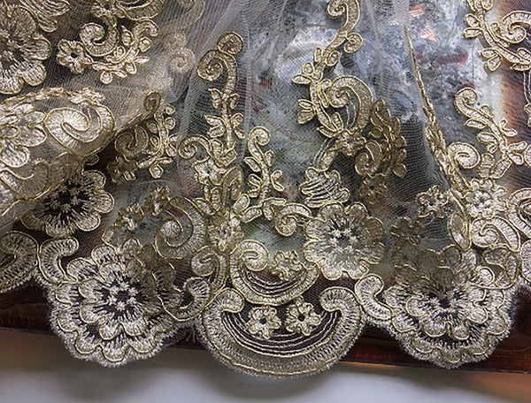 Alencon Lace - Gold Silky and Shiny Threads Embroidery on White Soft Tulle   - 12" Wide.