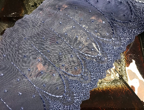 Blue Shiny Embroidery on Blue Soft Tulle Background - Italian Lace - 20.5 cm Wide.