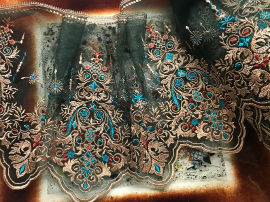 Tan, Turquoise and Orange Embroidery on Dark Green Soft Tulle Italian Lace - 22 cm  Wide