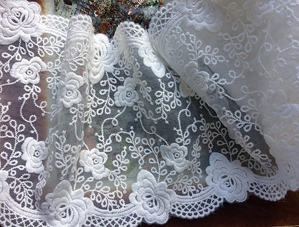 White Double Edge Embroidered Italian  Organza Lace - 17 cm  Wide.