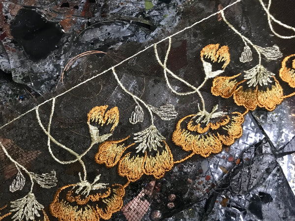 Shades of Orange Gold Beige on Brown Tulle Background- Embroidered Italian Lace - 7.5 cm Wide.