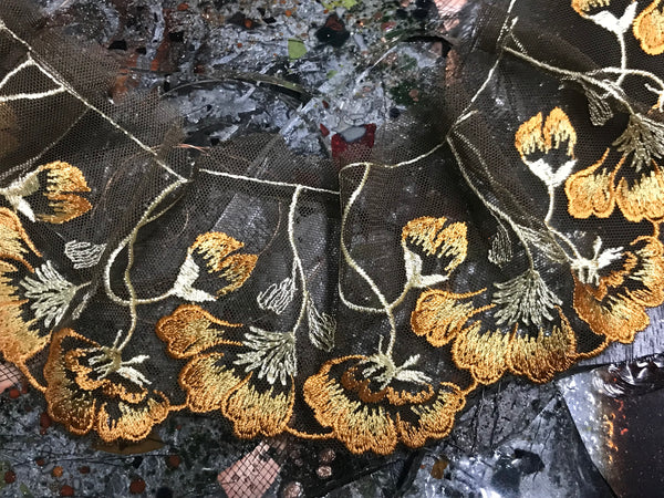 Shades of Orange Gold Beige on Brown Tulle Background- Embroidered Italian Lace - 7.5 cm Wide.