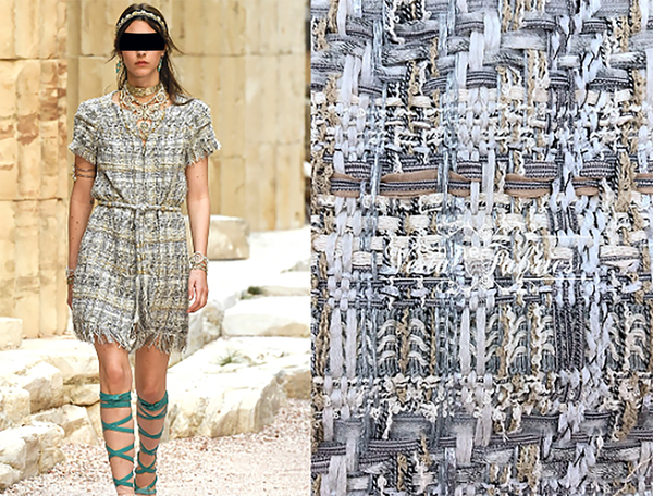 Shades of Grey Tan and White w/Ribbons- French Tweed - 150 cm Wide.