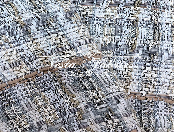 Shades of Grey Tan and White w/Ribbons- French Tweed - 150 cm Wide.