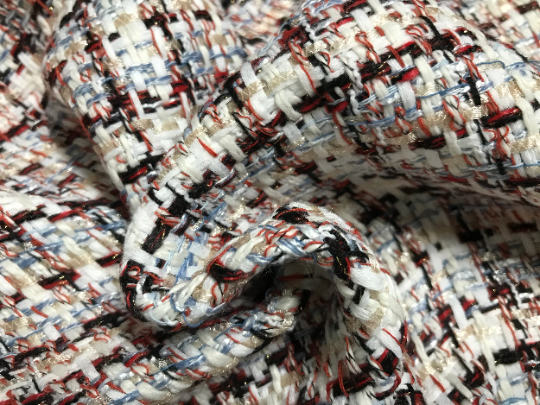 Multi Colors  Off White/Blue/Shimmering Tan Ribbon/Dark Red/Black - French Tweed - 150 cm Wide.