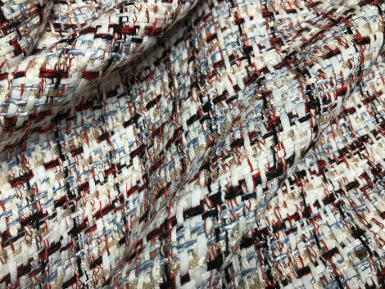 Multi Colors  Off White/Blue/Shimmering Tan Ribbon/Dark Red/Black - French Tweed - 150 cm Wide.