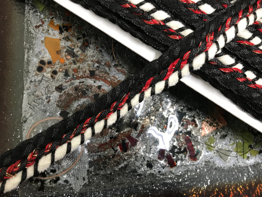 Multi Colors  Off White/Blue/Shimmering Tan Ribbon/Dark Red/Black - French Tweed - 150 cm Wide.