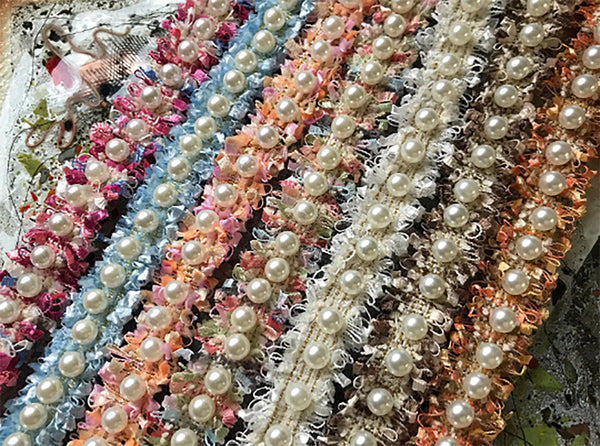 Multi Color w/Gold Stitching  and Pearl Studs - Handmade French Braided Trim - 2.5 cm Wide.