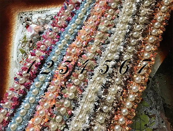 Multi Color w/Gold Stitching  and Pearl Studs - Handmade French Braided Trim - 2.5 cm Wide.