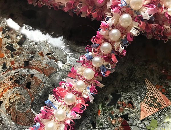 Multi Color w/Gold Stitching  and Pearl Studs - Handmade French Braided Trim - 2.5 cm Wide.
