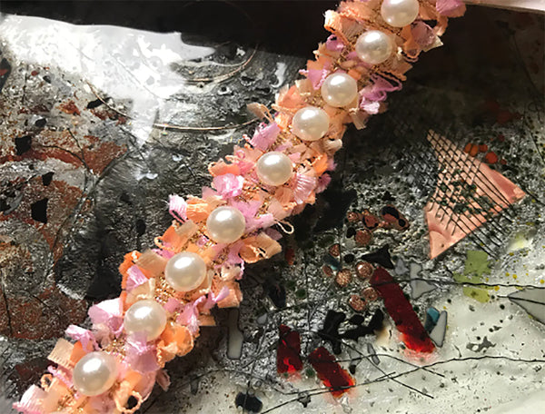 Multi Color w/Gold Stitching  and Pearl Studs - Handmade French Braided Trim - 2.5 cm Wide.