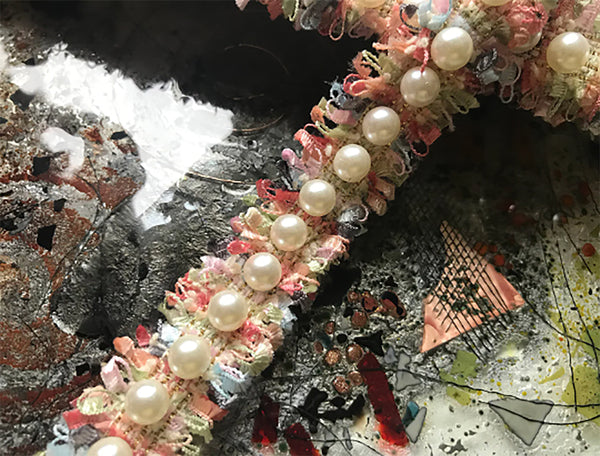 Multi Color w/Gold Stitching  and Pearl Studs - Handmade French Braided Trim - 2.5 cm Wide.