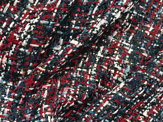 Shades of Red/Navy/White  w/ Small Sequins - French Tweed -150 cm Wide.