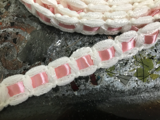 Natural White Laced with Pink Satin French Trim - 7/8" Wide.