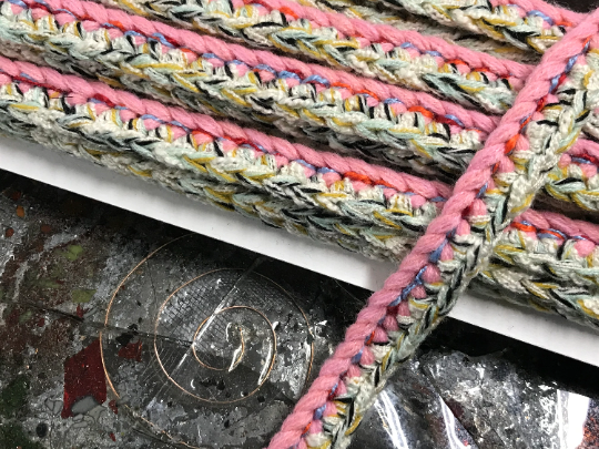 Shades of Pink/Off White/Green -  Hand Made Crocheted French Braid Trim - 7/8" Wide.