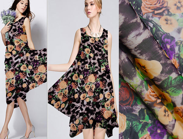 Multi Color Floral/Pansies Floral Print - Italian Silk Chiffon - 8 MM -138 cm Wide.