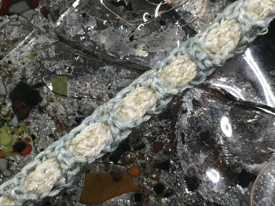 Pale Blue/Off White w/Gold Thread - Hand Made Crocheted French Braided Trim - 1.50 cm Wide.