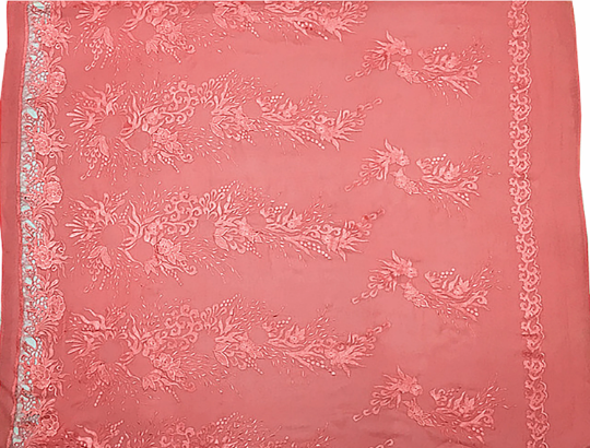 Coral Powder- Scalloped in one Side and Open Work on The Other - Italian Embroidered Silk Georgette Lace- 12 MM - 138 cm Wide