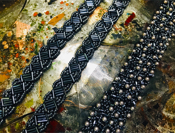 Peacock Colors Beaded Trim - Glass Beads, 6/8" Wide.