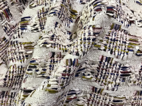 Shades of Blue/Purple/Green with Shiny Ribbon on Beige Background - French Tweed - 147 cm Wide.
