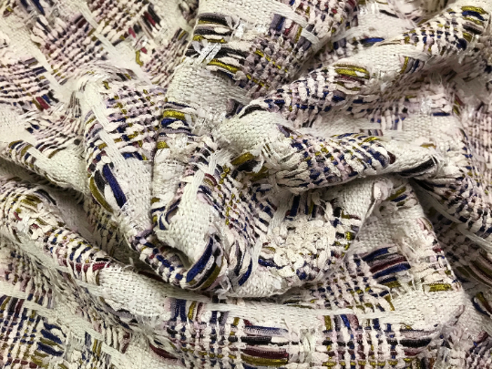 Shades of Blue/Purple/Green with Shiny Ribbon on Beige Background - French Tweed - 147 cm Wide.