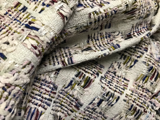 Shades of Blue/Purple/Green with Shiny Ribbon on Beige Background - French Tweed - 147 cm Wide.