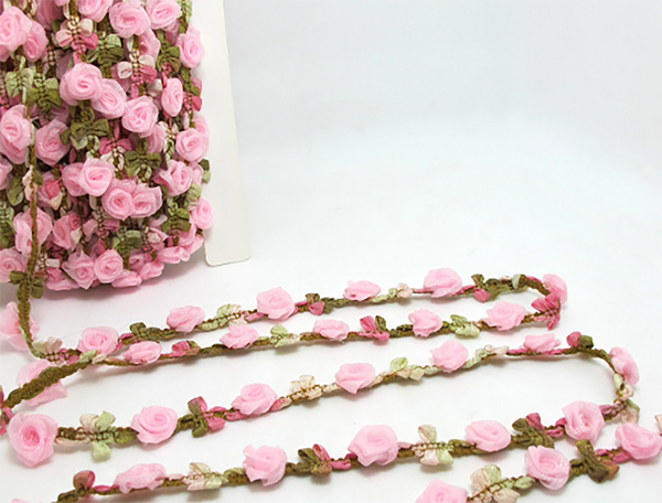 Pink Powder Roses with Tan/green Hombre Ribbons - Rococo French Ribbon - 14 mm Wide.