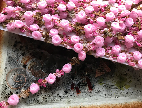 Pink Powder Roses with Tan/green Hombre Ribbons - Rococo French Ribbon - 14 mm Wide.