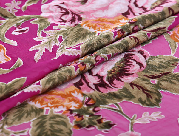 Multi Color Floral on Rose Background - Italian Burnt-Out Silk Velvet - 114 cm Wide.
