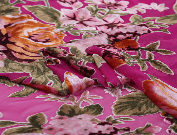 Multi Color Floral on Rose Background - Italian Burnt-Out Silk Velvet - 114 cm Wide.