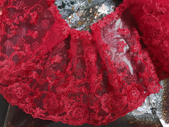 Red Double Edge - Silky and Shiny - Soft Tulle Embroidered Lace - 16 cm Wide.