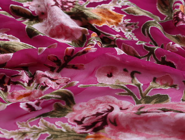 Multi Color Floral on Rose Background - Italian Burnt-Out Silk Velvet - 114 cm Wide.