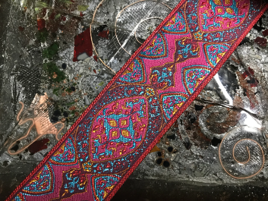 Pink/Turquoise/Red/Gold  - Embroidered Jacquard Ribbon - 2"  Wide.