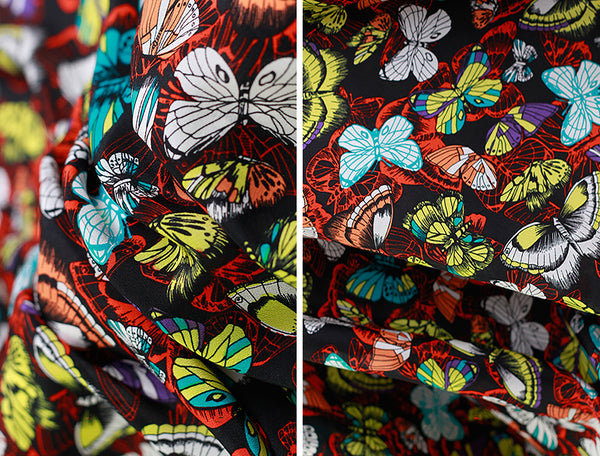 Multi Color Butterflies Floral on Black Background - Italian Crepe de Chine Silk - 16 MM -114 cm Wide