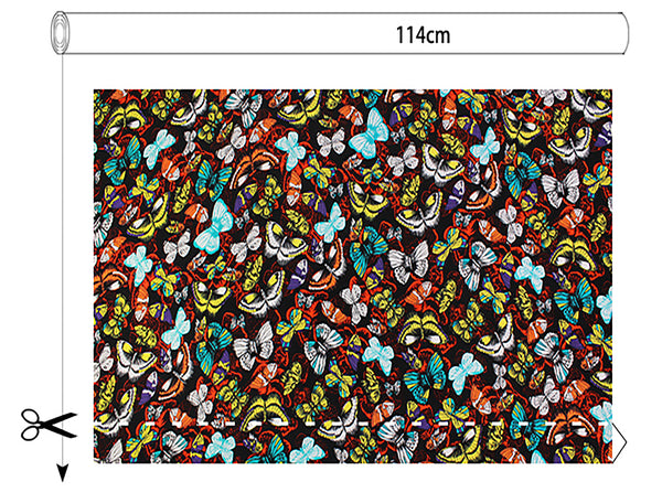 Multi Color Butterflies Floral on Black Background - Italian Crepe de Chine Silk - 16 MM -114 cm Wide