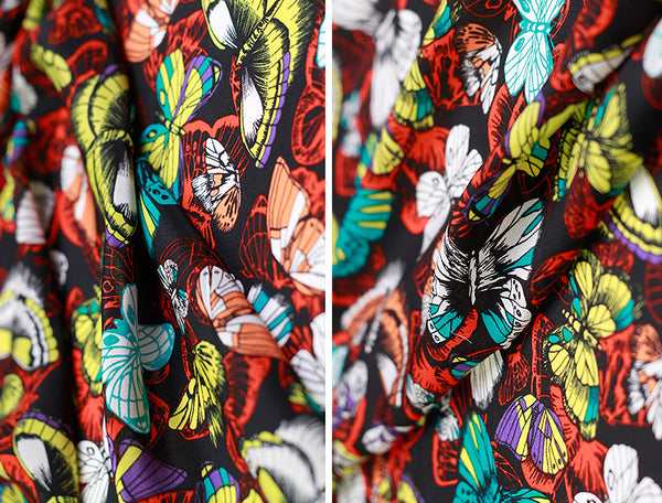 Multi Color Butterflies Floral on Black Background - Italian Crepe de Chine Silk - 16 MM -114 cm Wide