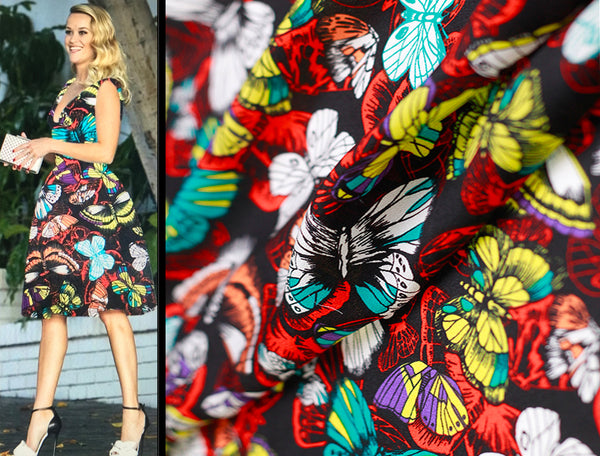 Multi Color Butterflies Floral on Black Background - Italian Crepe de Chine Silk - 16 MM -114 cm Wide