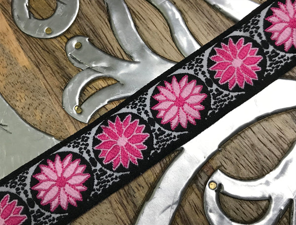Pink/White  on Black  Background - Embroidered Jacquard Ribbon - 7/8" Wide.