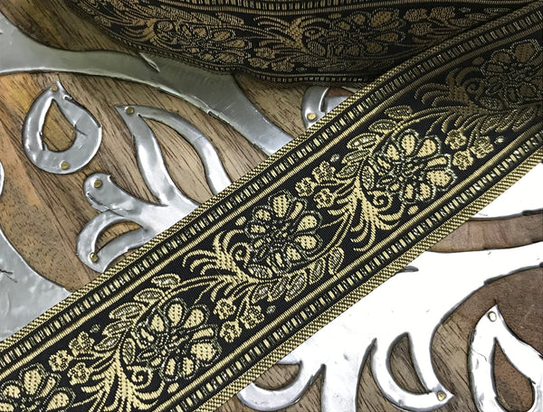 Gold Floral  on  Black Background - Embroidered Jacquard Ribbon - 5 cm Wide.