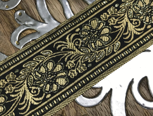 Gold Floral  on  Black Background - Embroidered Jacquard Ribbon - 5 cm Wide.