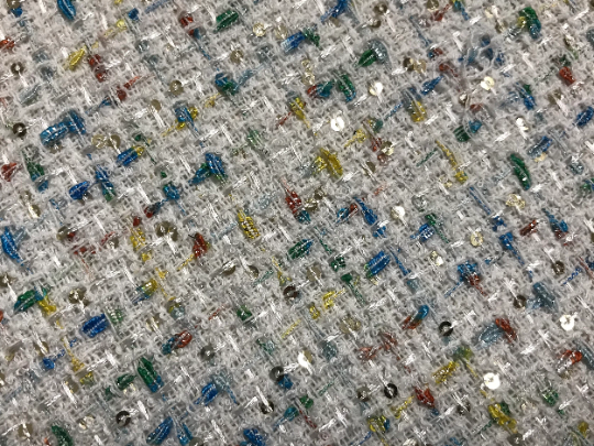 Natural White W/Multi Color Hombre Ribbons and Small Sequins - French Tweed - 150 cm Wide, Imported.