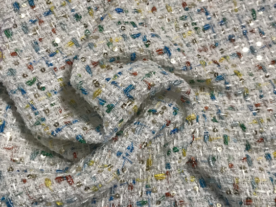 Natural White W/Multi Color Hombre Ribbons and Small Sequins - French Tweed - 150 cm Wide, Imported.