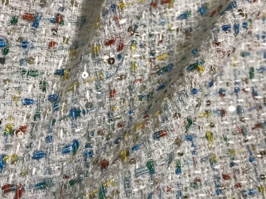 Natural White W/Multi Color Hombre Ribbons and Small Sequins - French Tweed - 150 cm Wide, Imported.