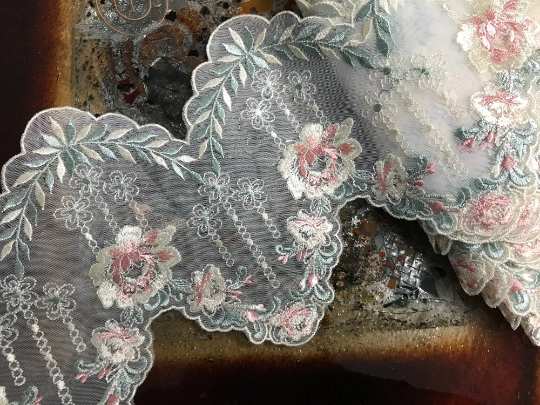 Pink/Blue/Off White Embroidery on Natural White Background -Italian  Double Edges  Scalloped Lace- 17 cm Wide.