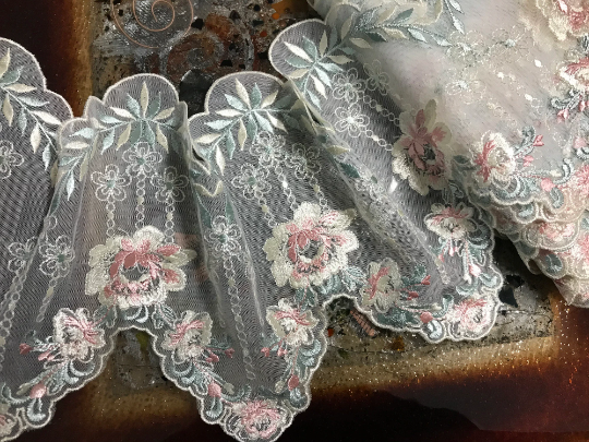 Pink/Blue/Off White Embroidery on Natural White Background -Italian  Double Edges  Scalloped Lace- 17 cm Wide.