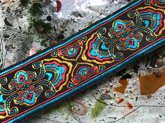 Turquoise Coral Gold on  Dark Brown  Background - Embroidered Jacquard Ribbon, 2 Sizes Available.